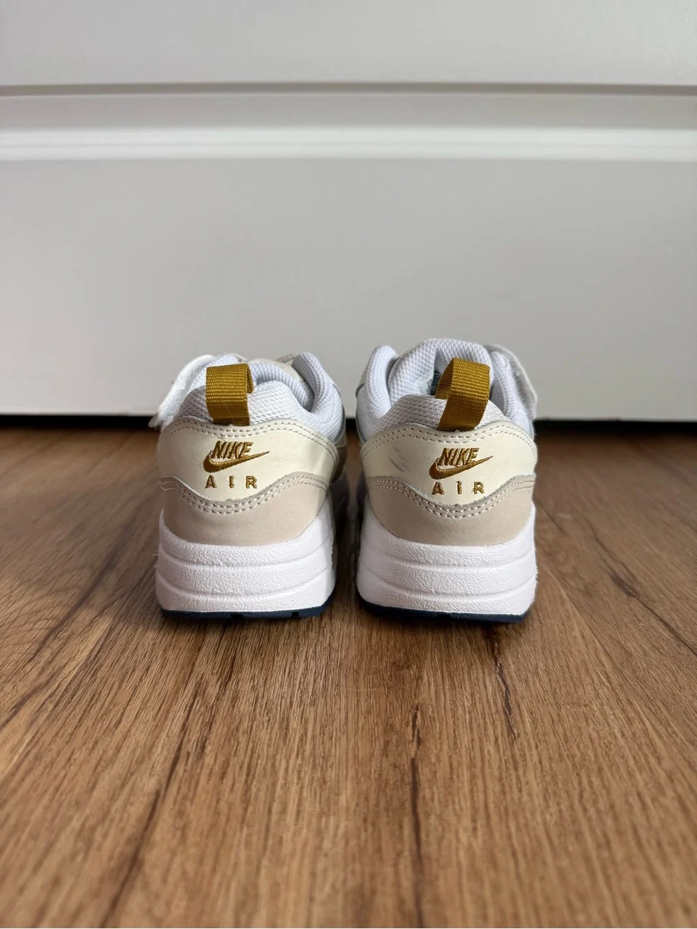 NIKE • size 11c • Kid’s Air Max 1 EasyOn White Bronzine Navy Orewood Brown
